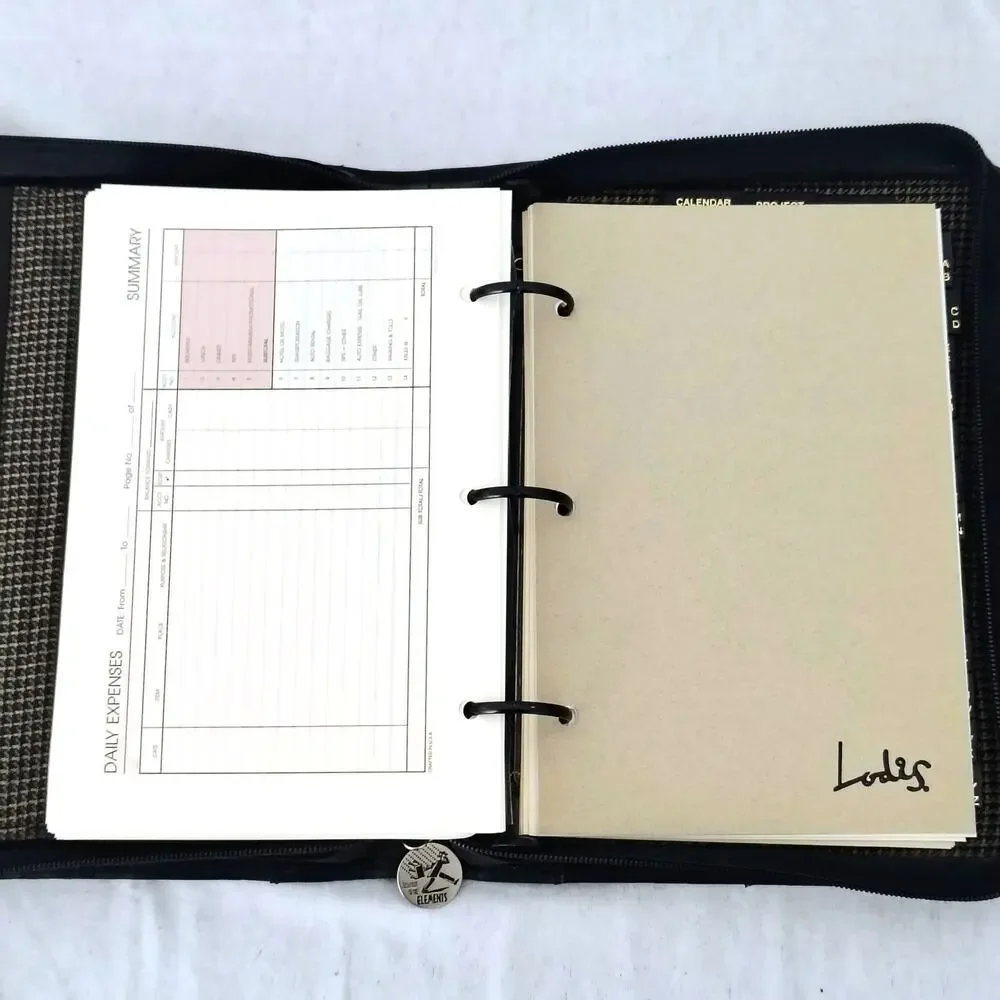 Lodis Black Leather Zip Folio Binder Planner Business Lined Pages Expense Notes
